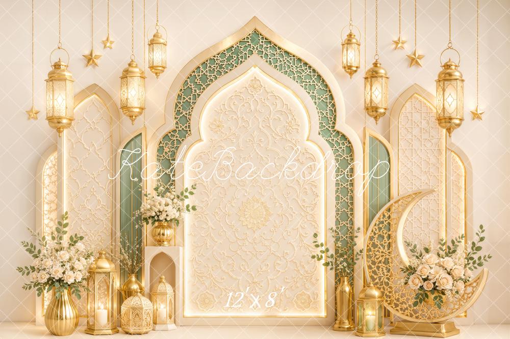 Kate Islamic Gold Arches Lanterns Crescent Moon Printed Backdrop Designed by Emetselch