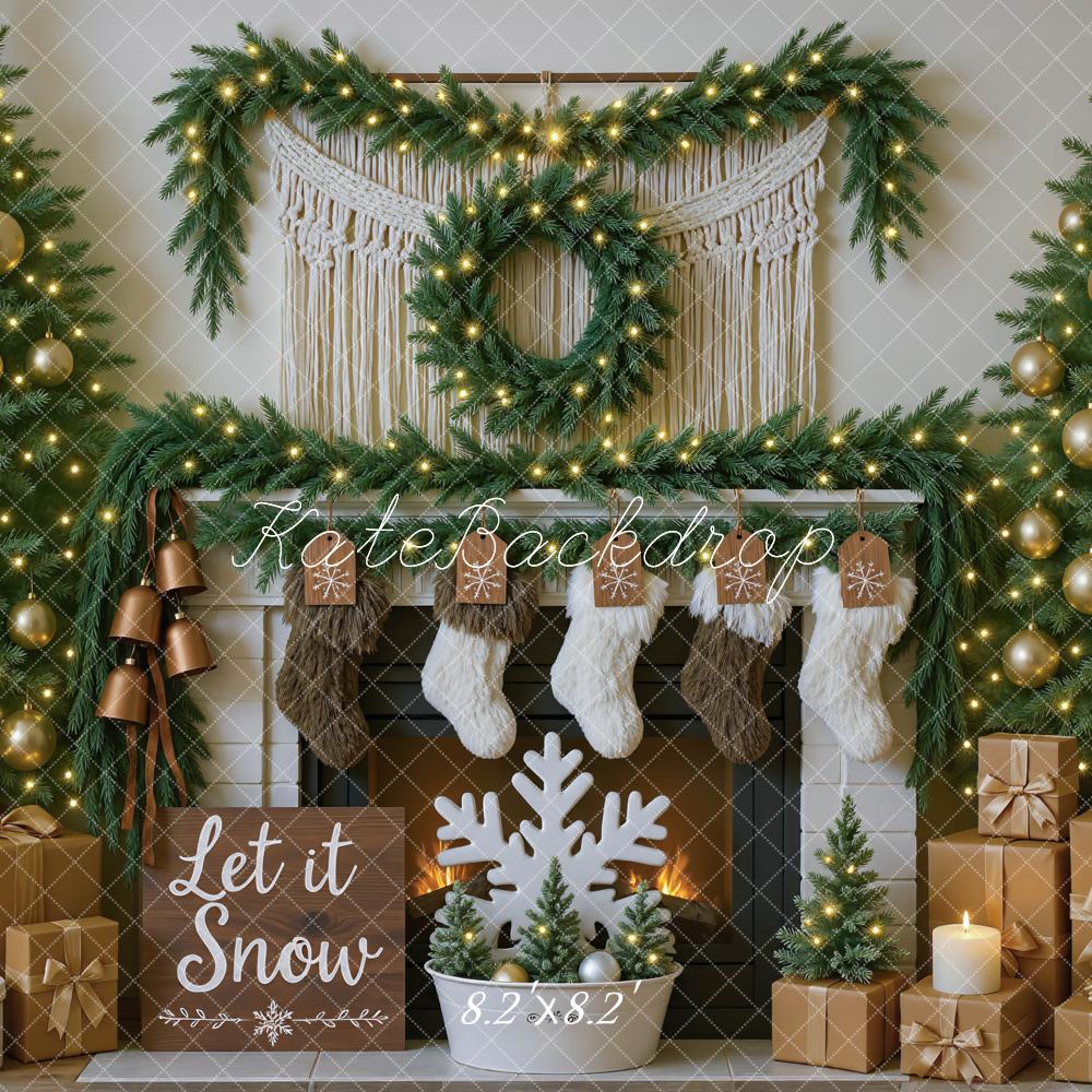 Kate Christmas Fireplace Macrame Garland Gold Ornaments Trees Gifts Backdrop Designed by Mini MakeBelieve