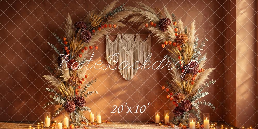 TEST Kate Boho Flower Arch Pampas Grass Candles Brown Printed Backdrop Designed by Happy Squirrel Design