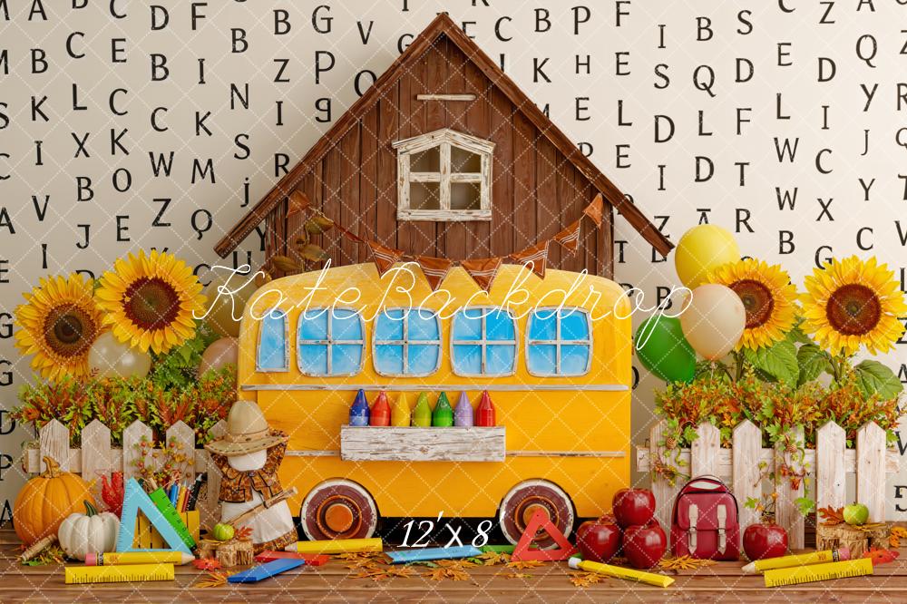 Kate Back to School Yellow Bus Sunflowers Alphabet Barn Printed Backdrop Designed by Emetselch