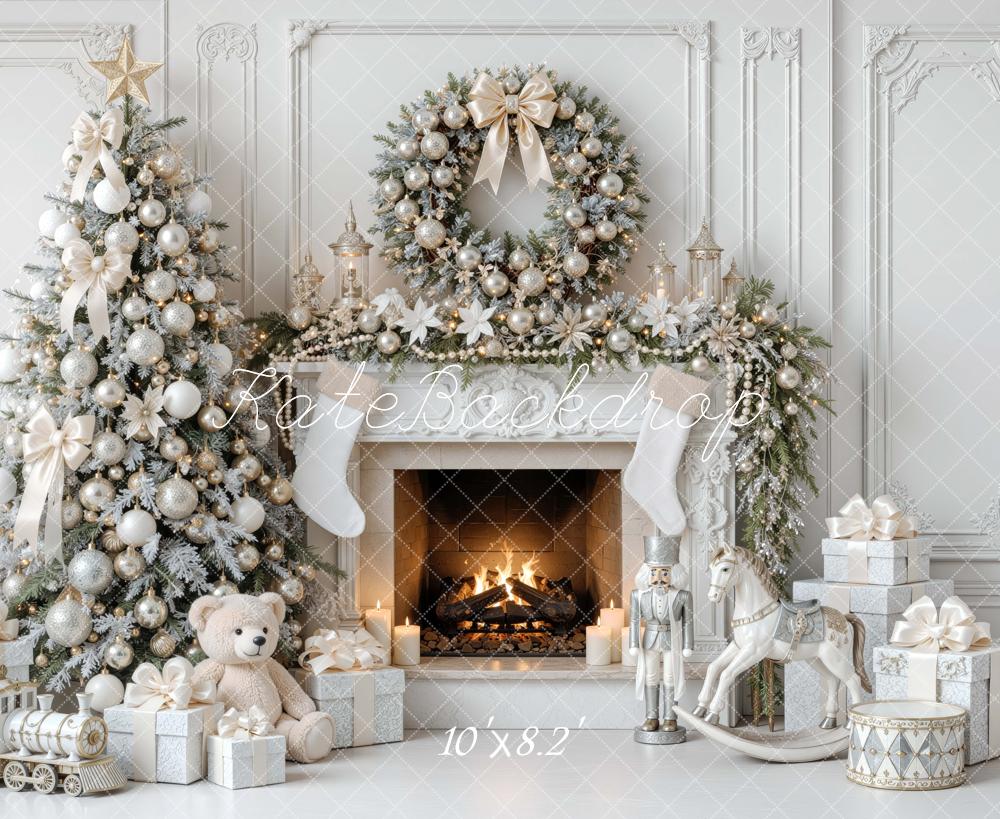 Kate Christmas Tree White Fireplace Wreath Toys Vintage Wall Printed Backdrop Designed by Mini MakeBelieve