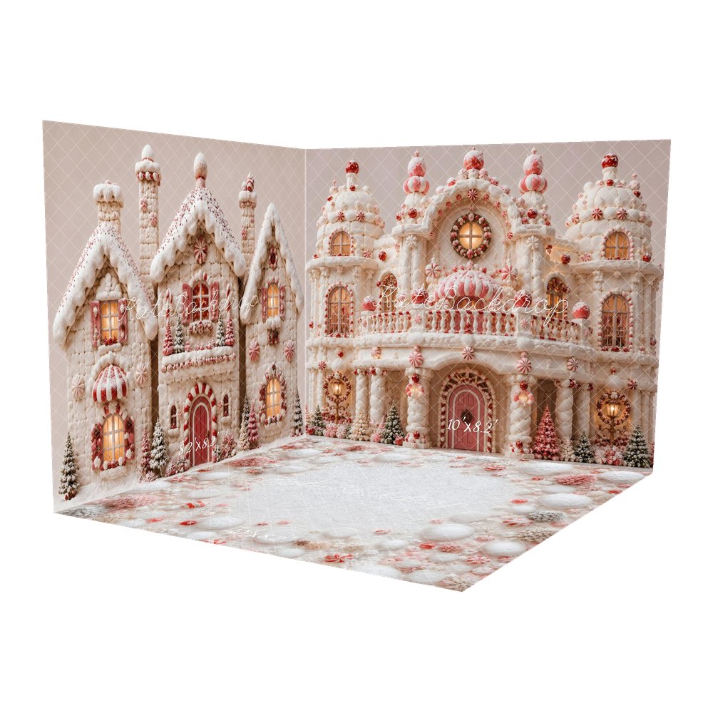 Kate Christmas White Gingerbread Candy Castle Printed Backdrop Room Set