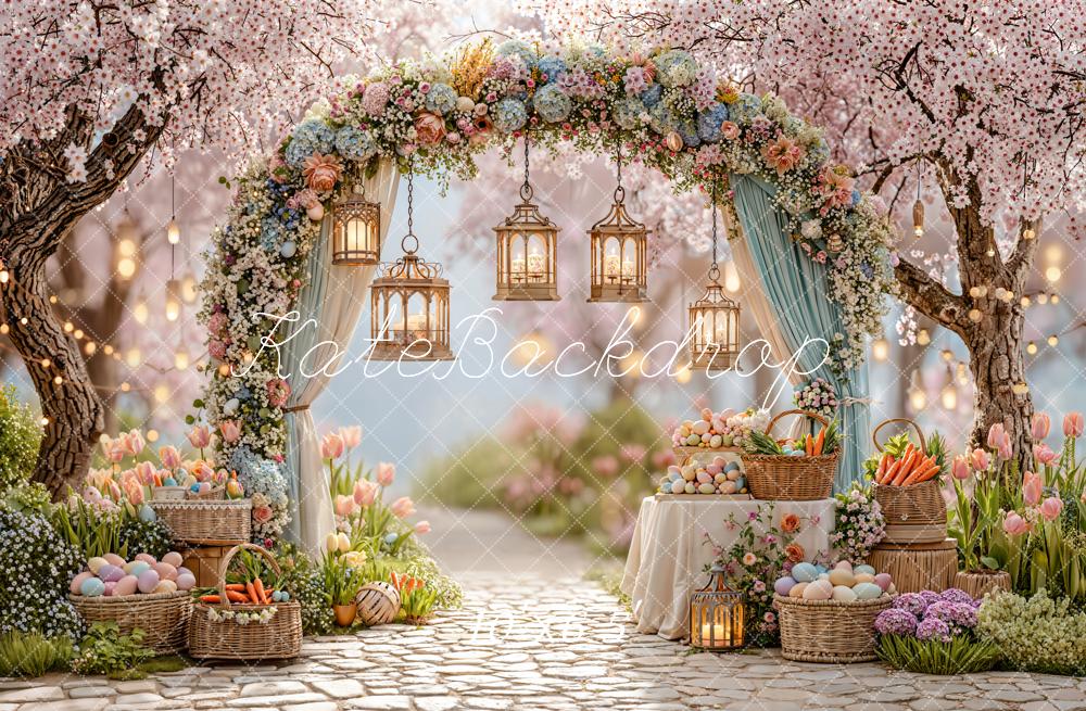 Kate Easter Spring Flower Arch Pastel Eggs Lanterns Garden Pink Backdrop Designed by Emetselch