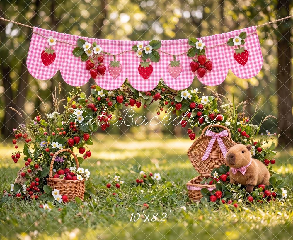 Kate Cake Smash Capybara Strawberry Picnic Teddy Bear Garden Printed Backdrop Designed by Angela Miller