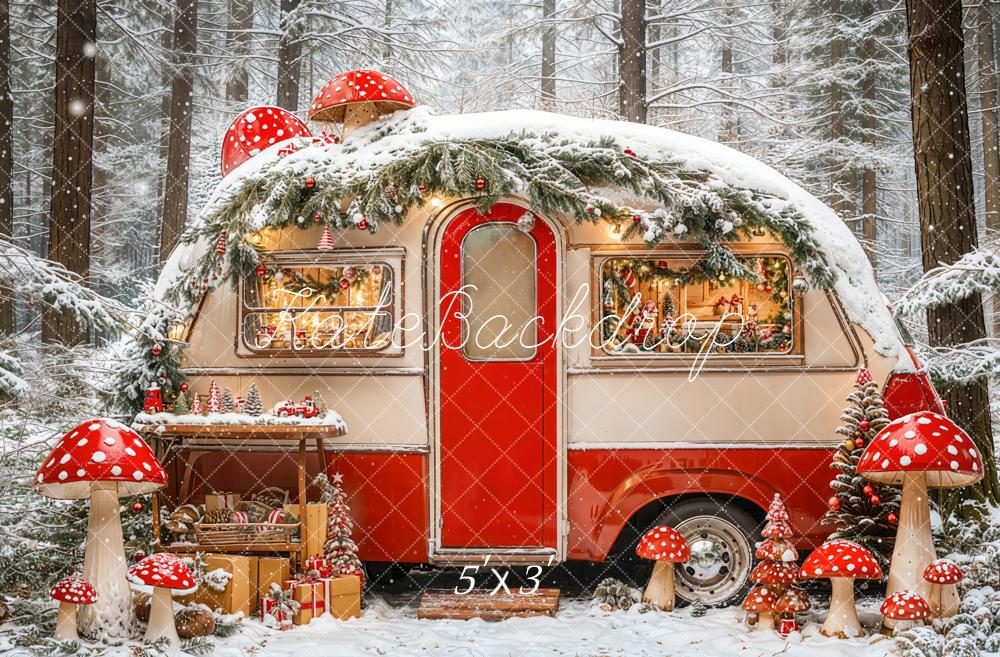 Kate Christmas Red Camper Mushrooms Snowy Forest Backdrop Designed by Emetselch