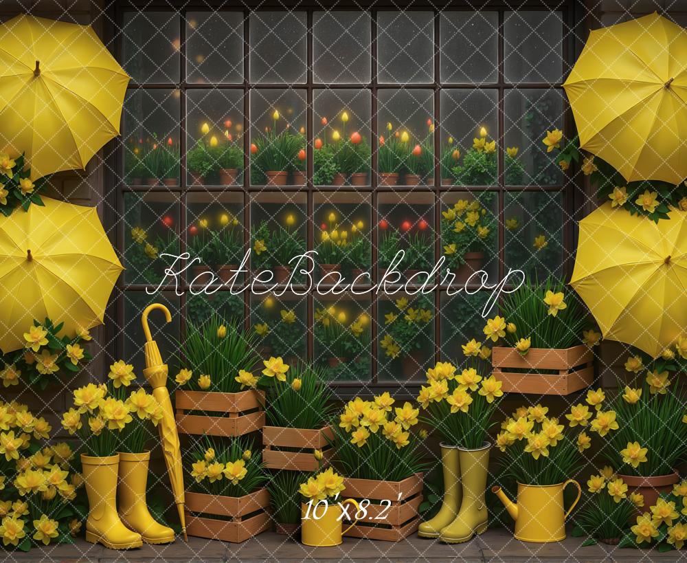 Kate Spring Yellow Umbrellas Rain Boots Daffodils Window Backdrop Designed by Mini MakeBelieve