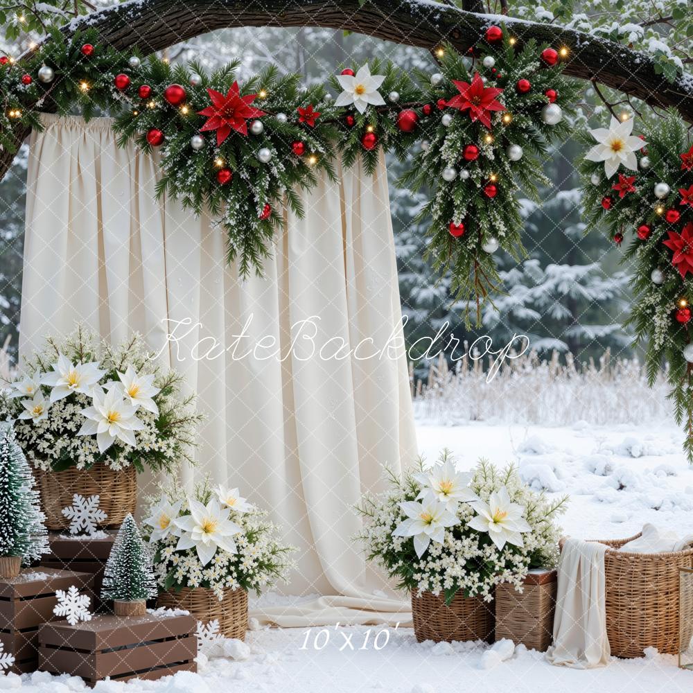 Kate Christmas Branch Arch Garland White Poinsettia Outdoor Snow Printed Backdrop Designed by Mini MakeBelieve