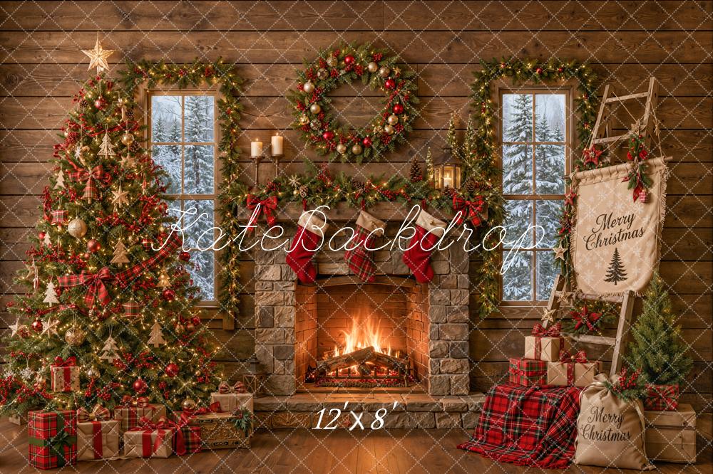Kate Christmas Rustic Cabin Fireplace Tree Ladder Printed Backdrop Designed by Emetselch