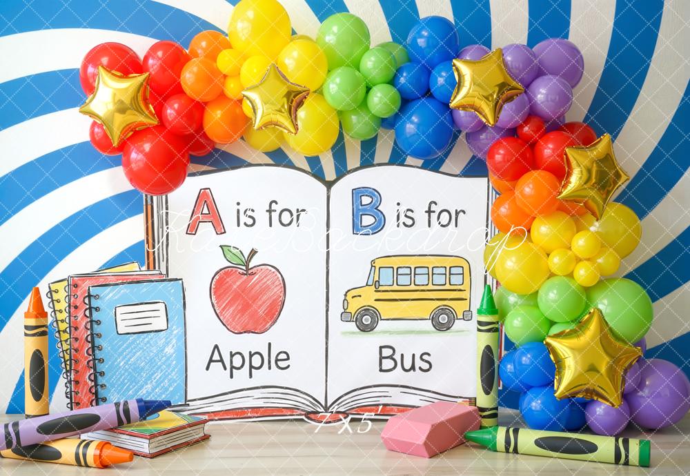 Kate Back To School ABC Apple Bus Rainbow Balloons Backdrop Designed by Chain Photography