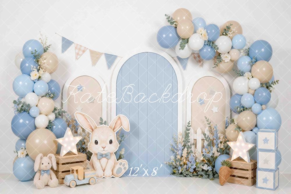Kate Cake Smash Bunny Blue Beige Balloon Arch Printed Backdrop Designed by Mini MakeBelieve