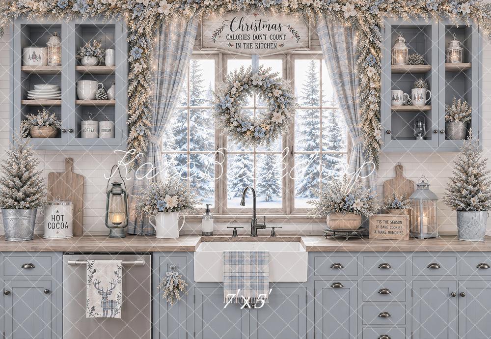 Kate Christmas Blue Kitchen Floral Wreath Snowy Printed Backdrop Designed by Ashley Paul
