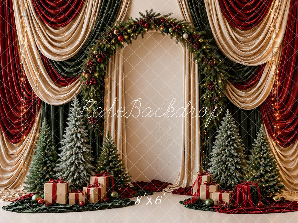 Kate Christmas Red Green Gold Drapes Flower Arch Christmas Trees Gifts Printed Backdrop Designed by Emetselch