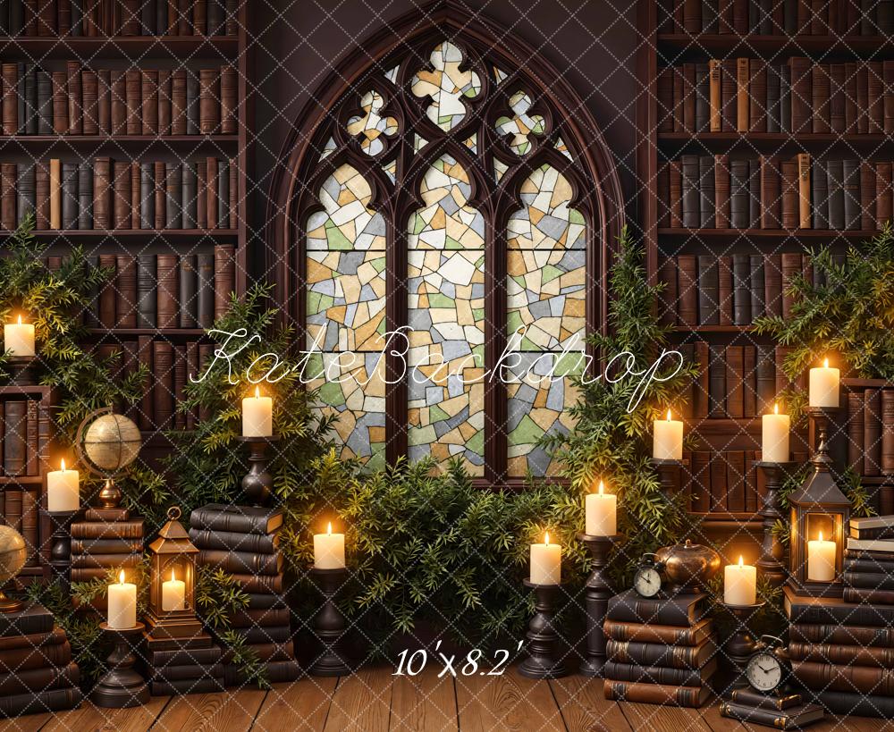 Kate Library Bookshelves Stained Glass Candles Backdrop Designed by Mini MakeBelieve