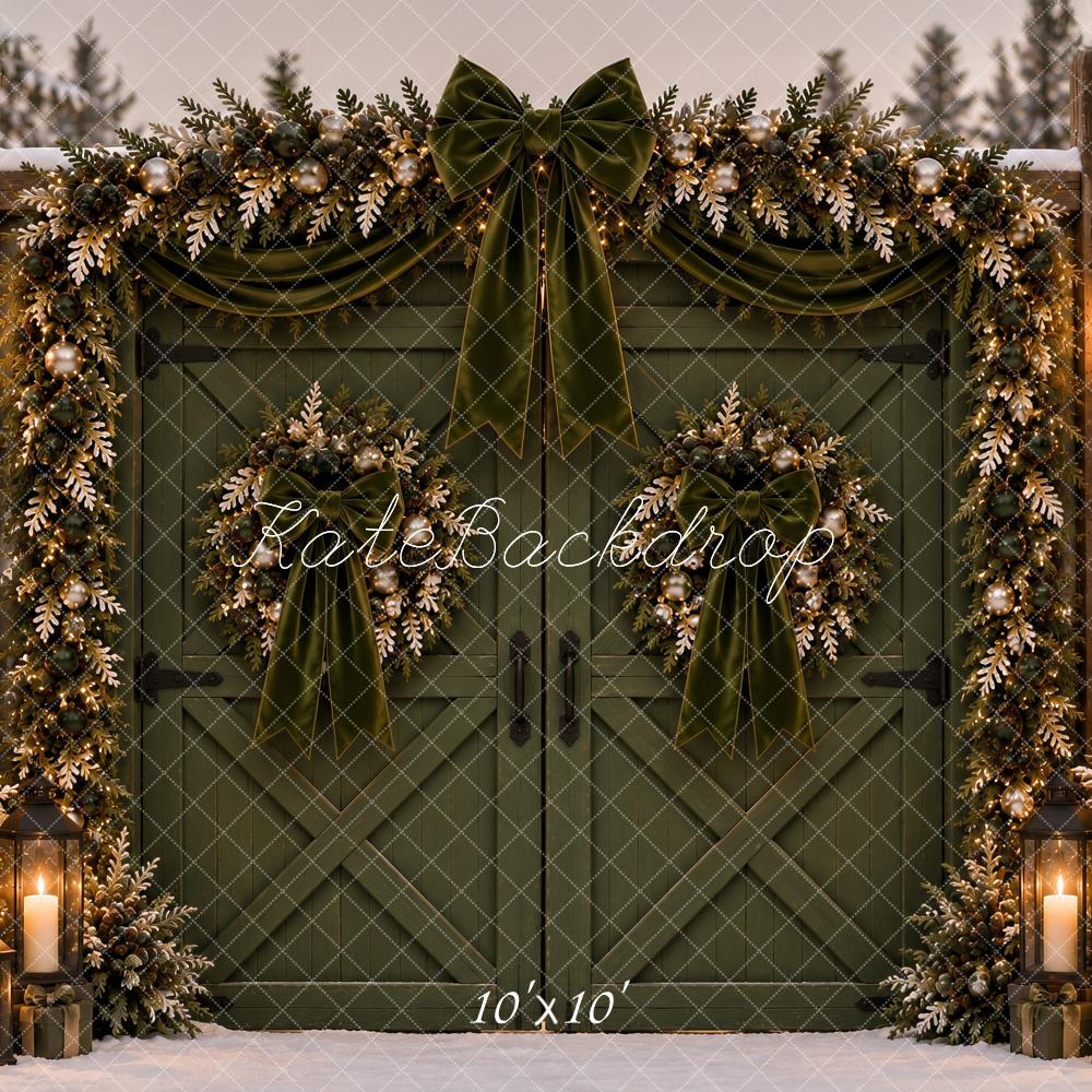 Kate Christmas Green Barn Door Garland Velvet Bow Snow Printed Backdrop Designed by Ashley Paul