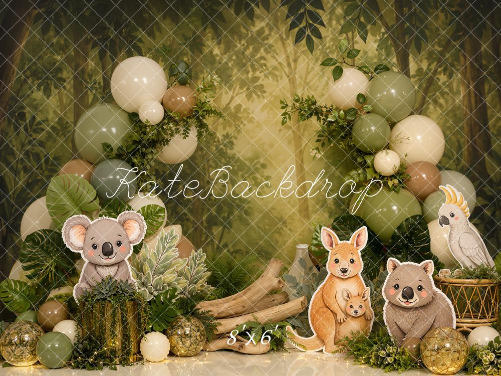 Kate Cake Smash Jungle Koala Kangaroo Wombat Balloon Garland Printed Backdrop Designed by Emetselch