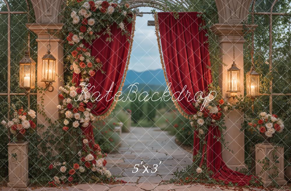 Kate Red Curtain Flower Arch Lantern Garden Backdrop Designed by Emetselch