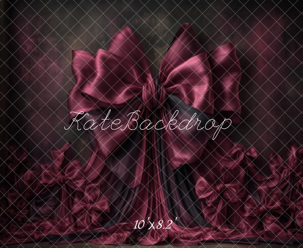 Kate Satin Burgundy Large Bow Drapes Printed Backdrop Designed by Angela Miller