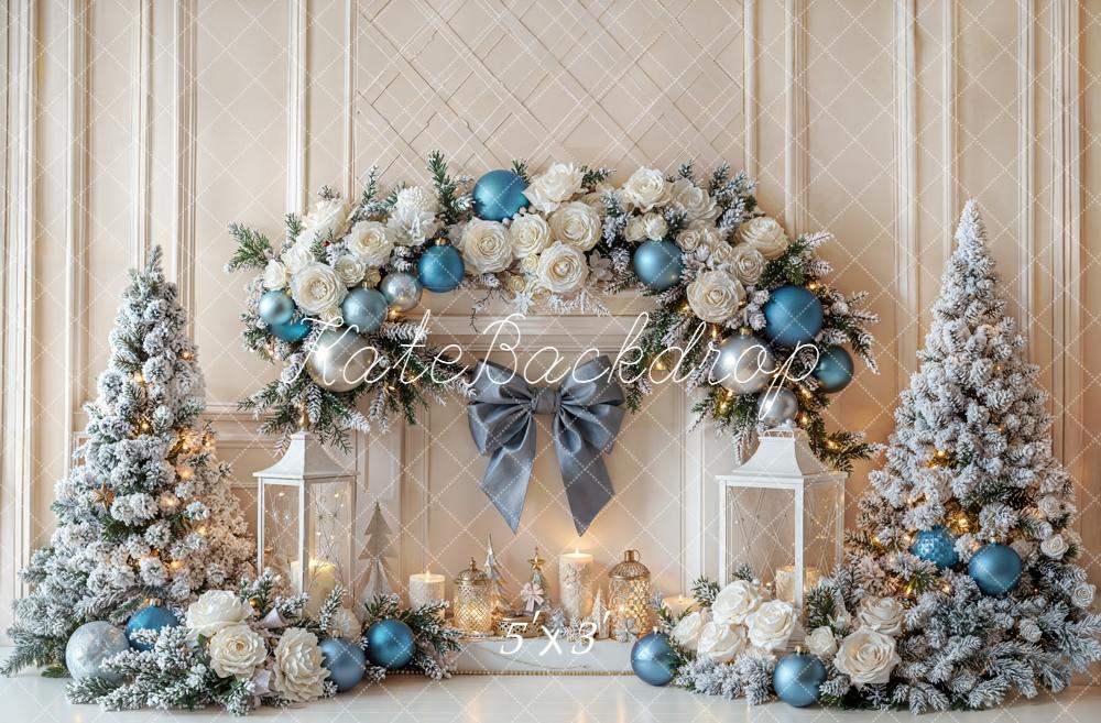 Kate Christmas Fireplace Flower Snowy Trees Bow Backdrop Designed by Emetselch