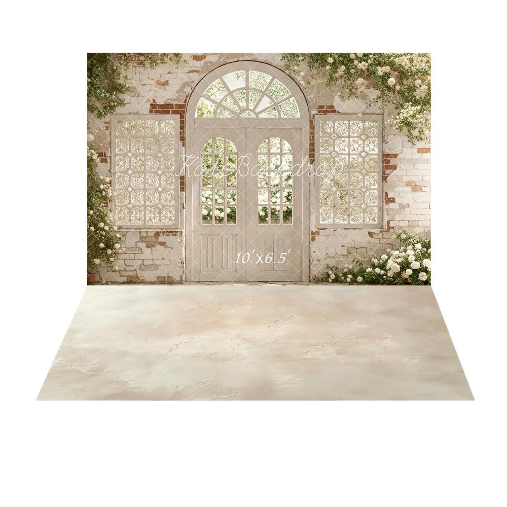 Kate Spring White Brick Arch Door Floral Window Printed Backdrop+Beige Abstract Texture Printed Floor Backdrop