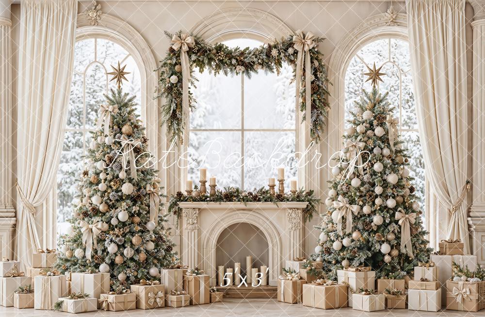 Kate Christmas Trees Fireplace Arched Windows White Curtains Printed Backdrop Designed by Emetselch