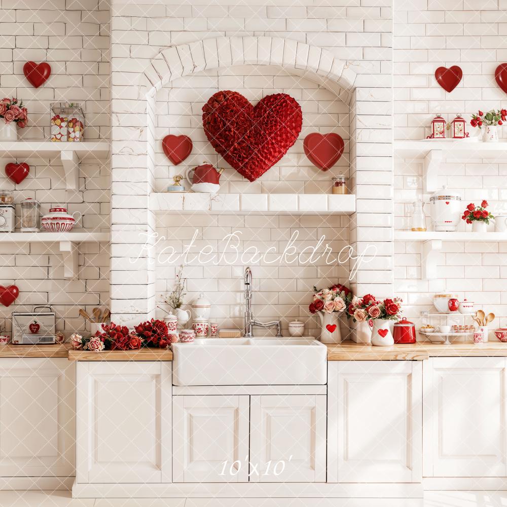 Kate Valentine's Day Red Heart Kitchen White Shelves Roses Backdrop Designed by Emetselch