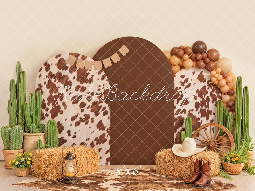 Kate Western Cow Print Cactus Hay Bales Wagon Wheel Boots Balloons Printed Backdrop Designed by Emetselch