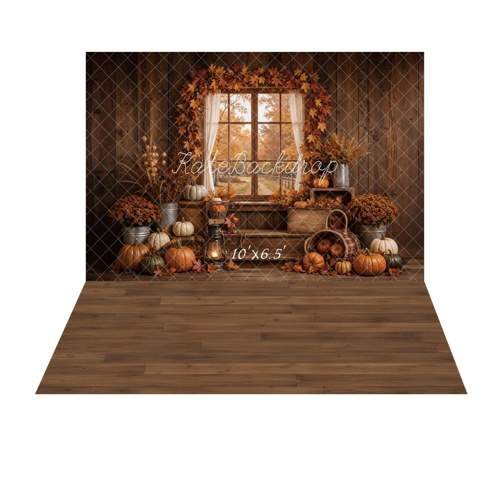 Kate Fall Pumpkins Window Maple Leaves Rustic Wood Printed Backdrop+Brown Wood Floor Printed Backdrop