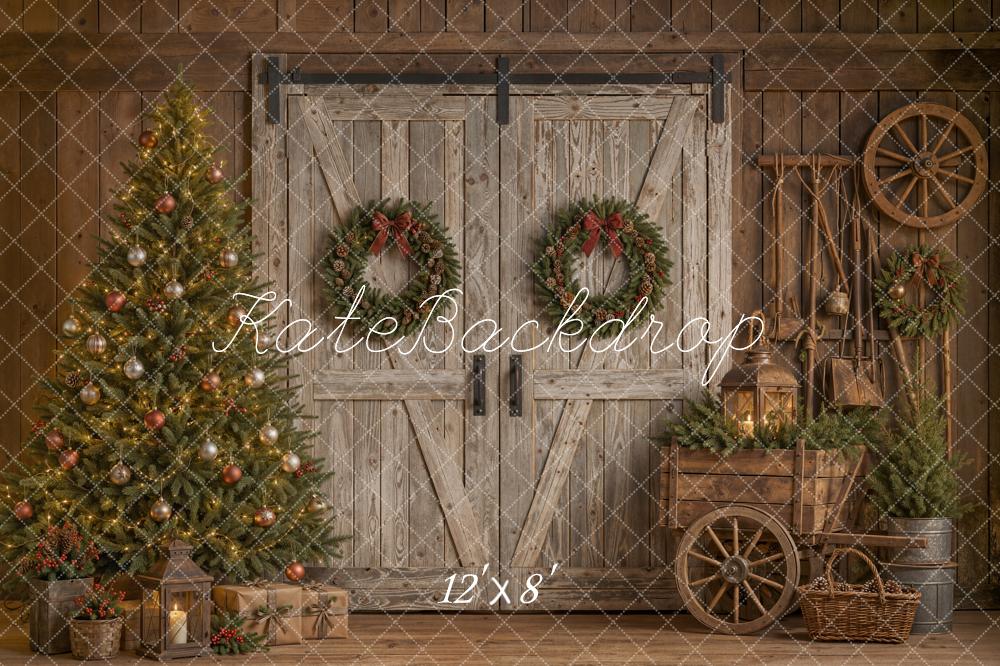 Kate Christmas Rustic Barn Door Christmas Tree Wagon Wheel Printed Backdrop Designed by Emetselch