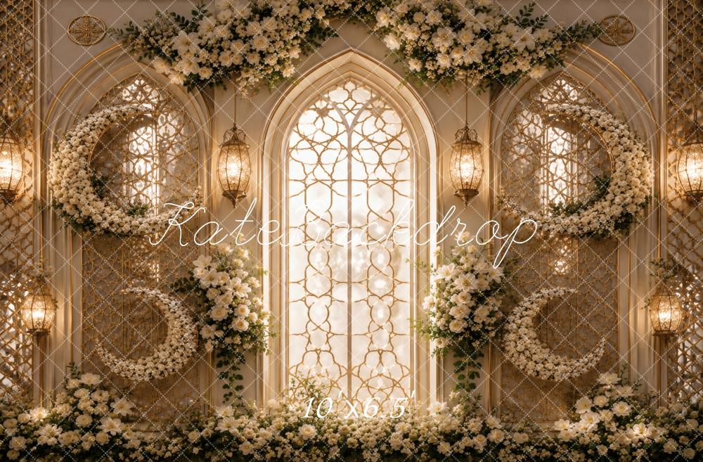 Kate Celestial Crescent Moon Floral Arch Window Printed Backdrop Designed by Vertigo Productions