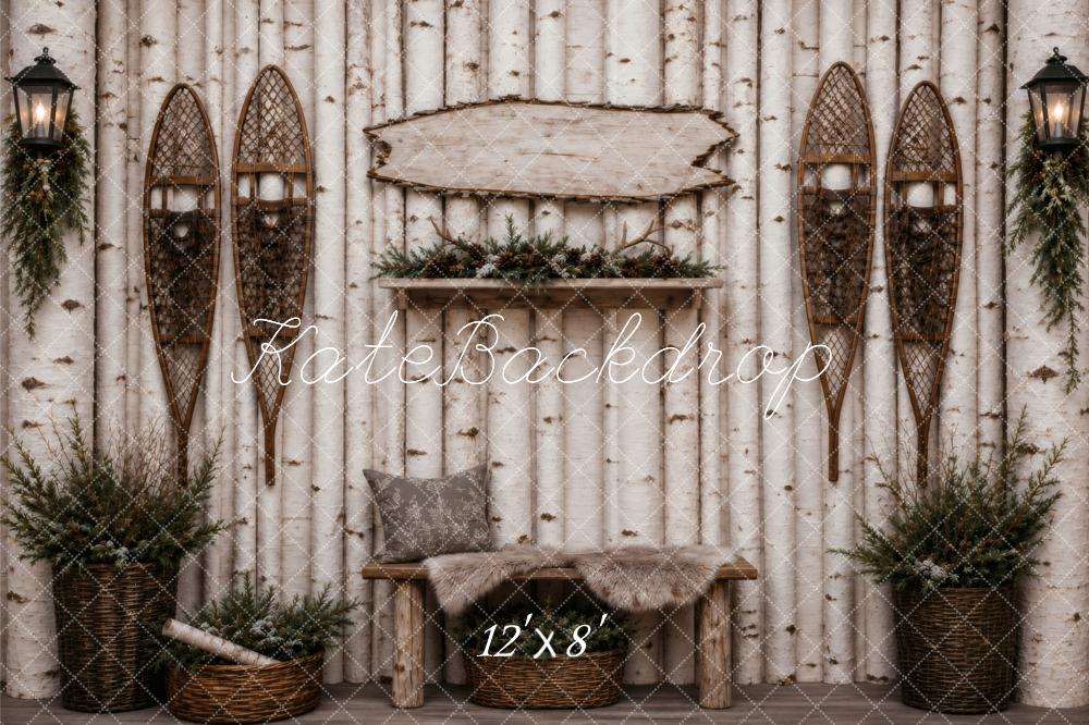 Kate Birch Log Wall Rustic Bench Snowshoes Printed Backdrop Designed by Vertigo Productions