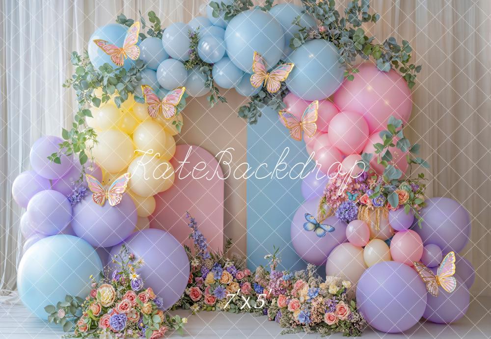 Kate Cake Smash Balloon Arch Pastel Butterfly Flowers Backdrop Designed by Emetselch