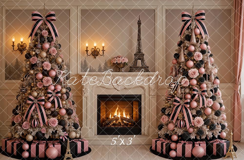 Kate Christmas Tree Pink Eiffel Tower Fireplace Chic Backdrop Designed by Ashley Paul