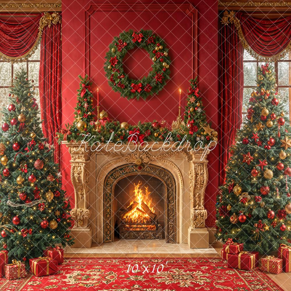 Kate Christmas Trees Vintage Fireplace Wreath Red Curtains Backdrop Designed by Emetselch