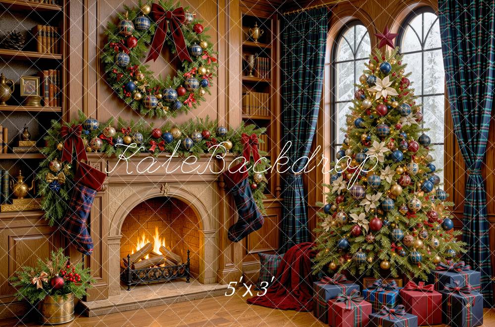 Kate Christmas Fireplace Wreath Tree Blue Plaid Curtains Stockings Gifts Printed Backdrop Designed by Mini MakeBelieve