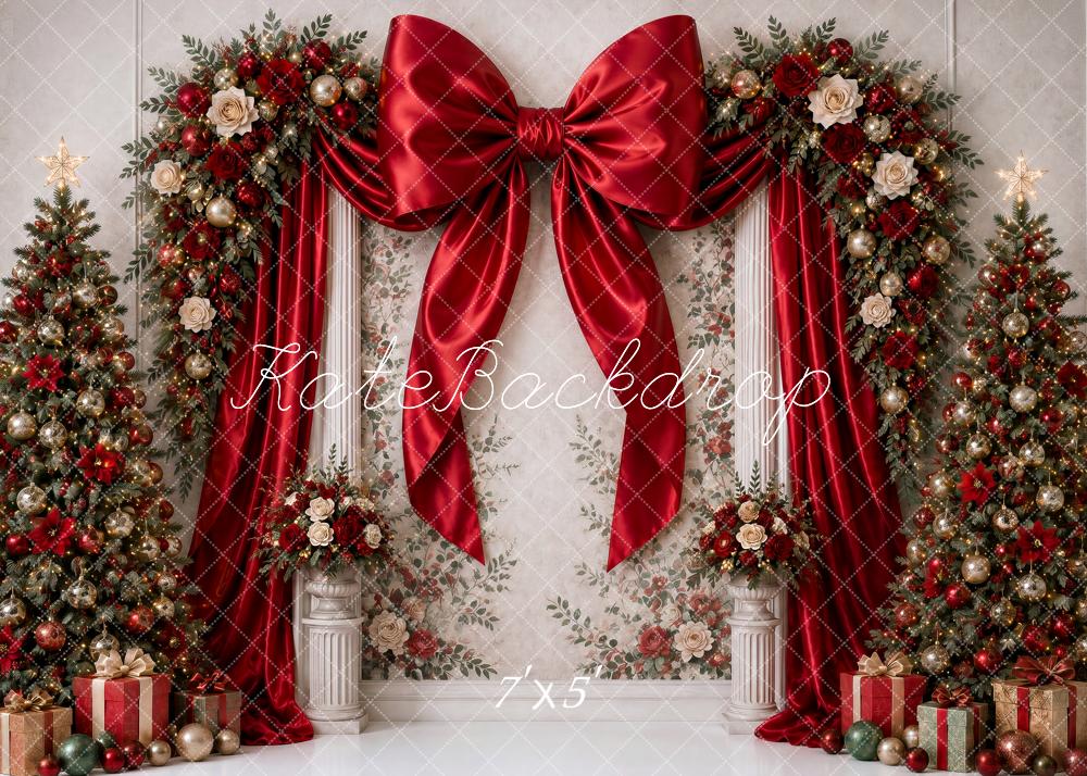 Kate Christmas Red Bow Floral Arch Trees Fine Art Wall Printed Backdrop Designed by Ashley Ward