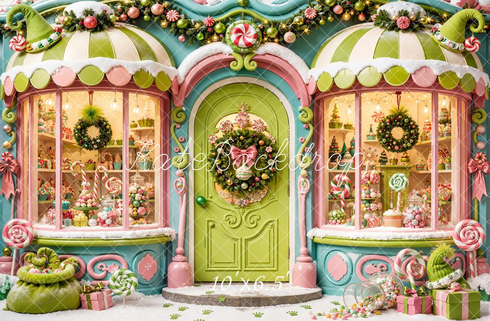 Kate Christmas Fantasy Whimsical Candy Shop Kids Green Printed Backdrop Designed by Emetselch