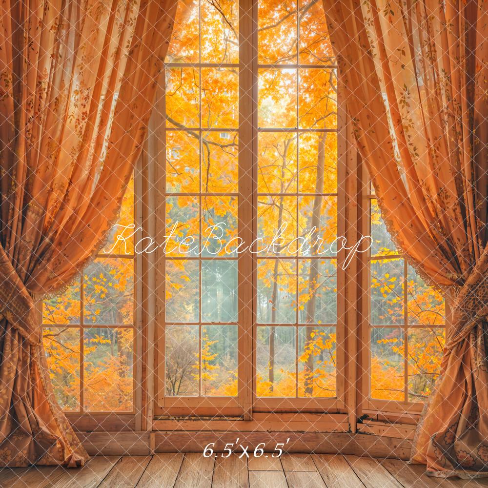 Kate Fall Window Orange Curtains Maple Forest Backdrop Designed by Emetselch