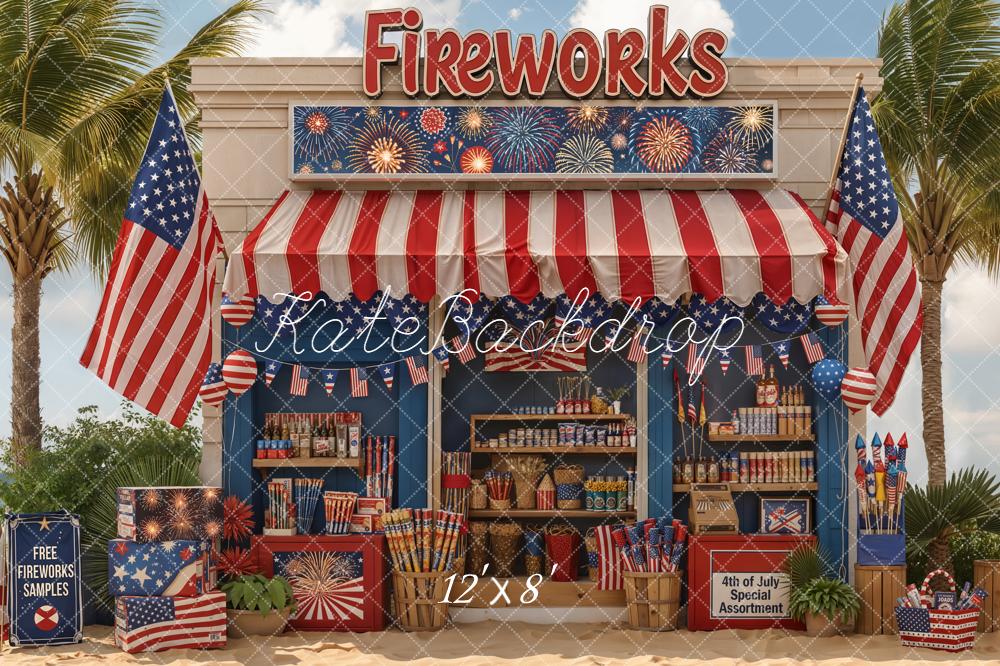 Kate 4th Of July Fireworks Booth Red White Blue Flags Printed Backdrop Designed by Chain Photography