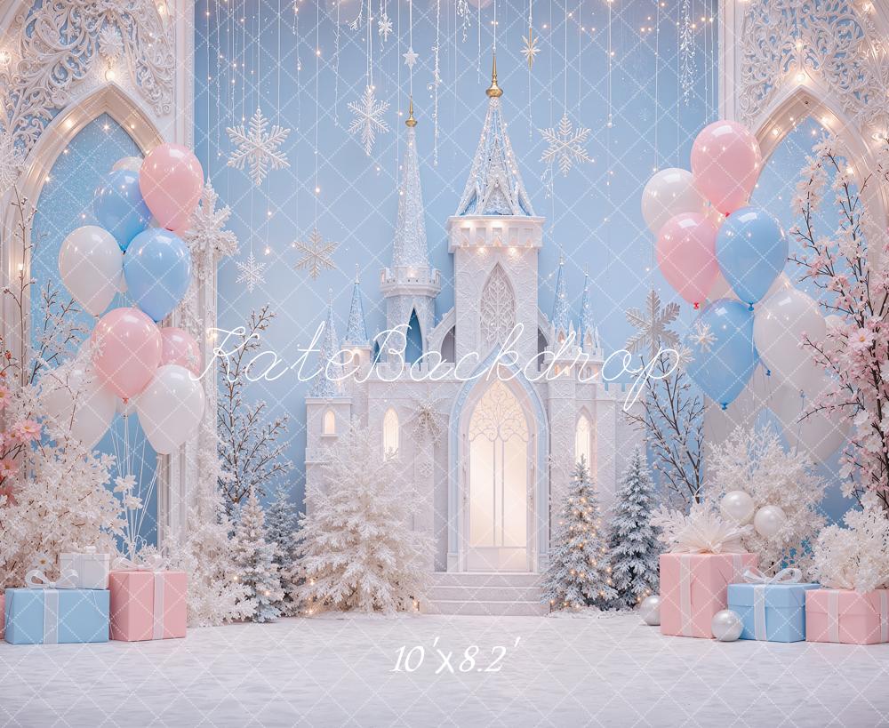 Kate Christmas Wonderland Blue Castle Snowflakes Balloons Printed Backdrop Designed by Shutter Swan Studios