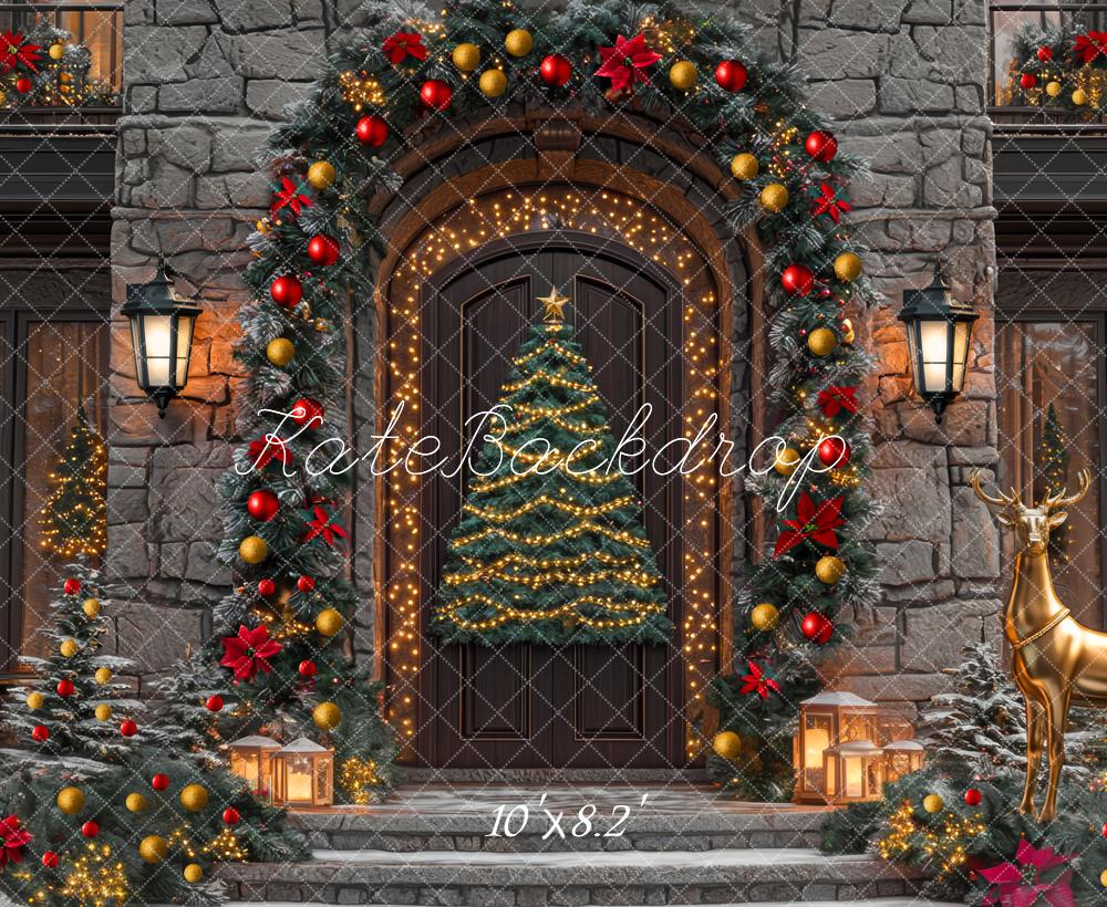 Kate Christmas Tree Front Door Gold Reindeer Stone Backdrop Designed by Mini MakeBelieve