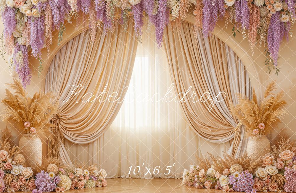 Kate Boho Flower Arch Cream Curtains Pampas Grass Floral Arrangement Backdrop Designed by Emetselch