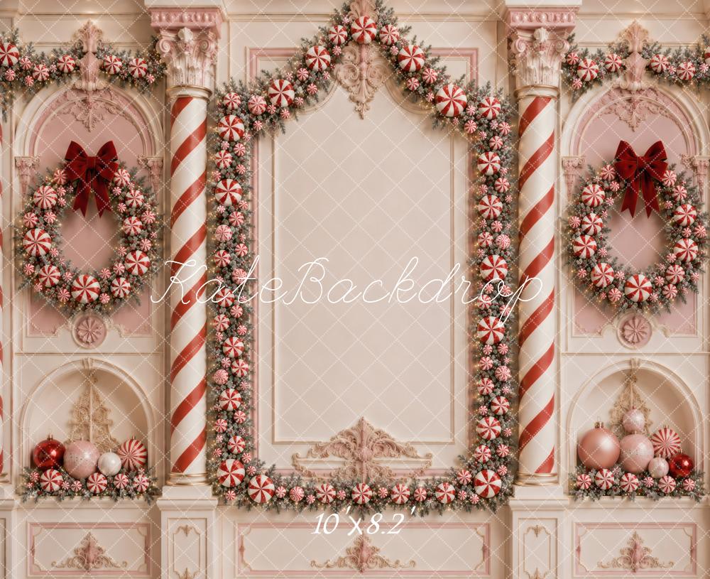 Kate Christmas Pink Candy Wreath Columns Printed Backdrop Designed by Vertigo Productions
