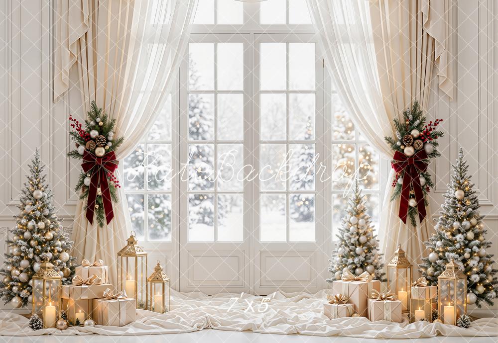 Kate Christmas White Window Curtains Christmas Trees Gift Boxes Lanterns Printed Backdrop Designed by Emetselch