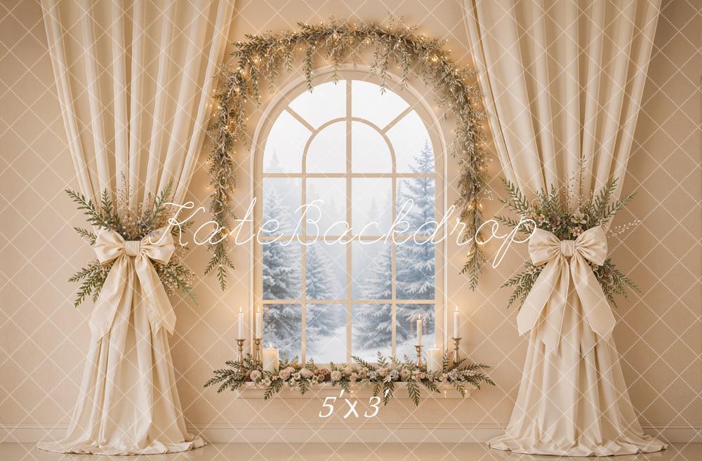 Kate Christmas Beige Drapes Flower Arch Window Printed Backdrop Designed by Emetselch