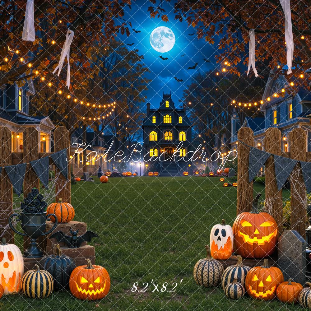 Kate Halloween Night Haunted House Pumpkins Moonlight Printed Backdrop Designed by Mini MakeBelieve
