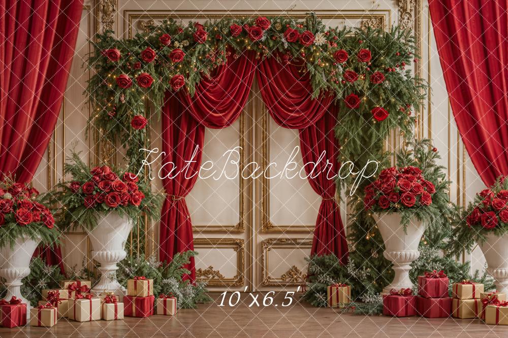 Kate Christmas Red Flower Arch Presents Gold Wall Backdrop Designed by Emetselch