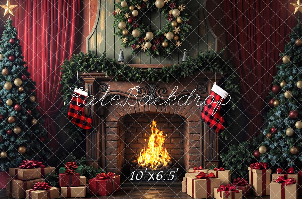 Kate Christmas Fireplace Wreath Tree Gifts Red Curtains Backdrop Designed by Mini MakeBelieve