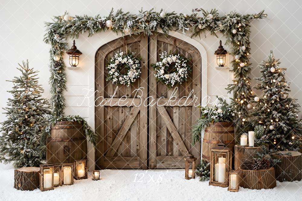 Kate Christmas Wooden Door Wreath Snowy Trees Barrels Backdrop Designed by Emetselch