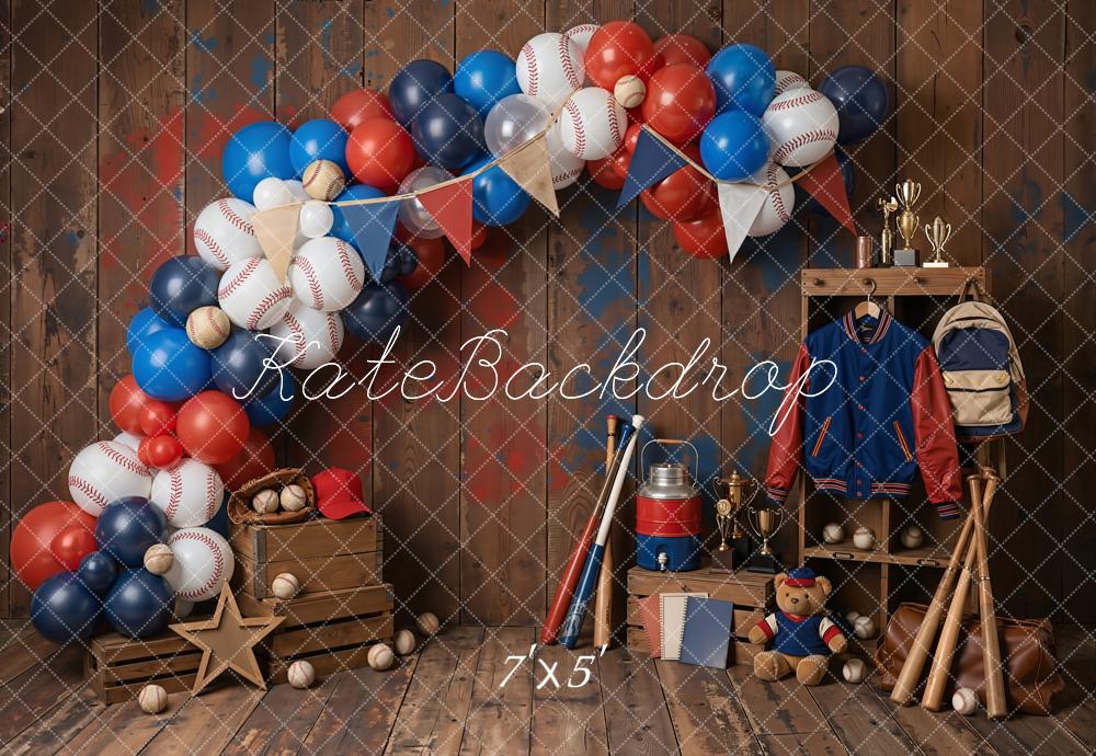 Kate Cake Smash Baseball Balloon Arch Wooden Crate Pennant Printed Backdrop Designed by Emetselch
