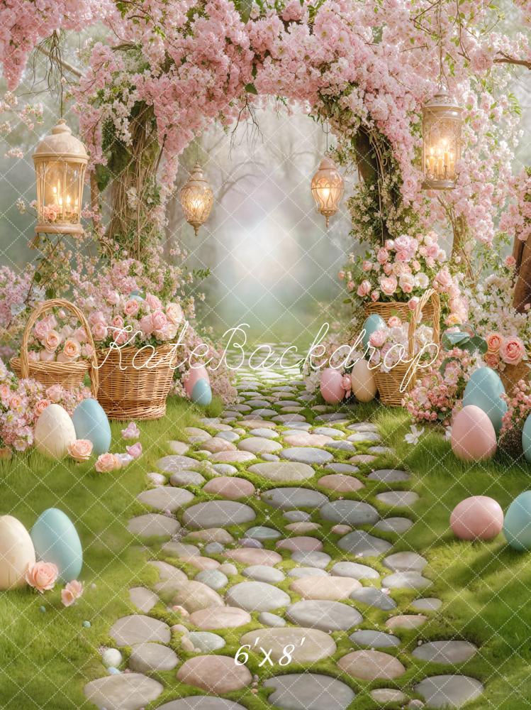 Kate Easter Flower Arch Pink Blossoms Pastel Easter Eggs Cobblestone Path Backdrop Designed by Emetselch